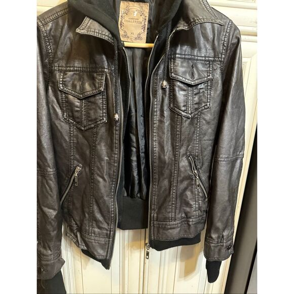 Downtown Coalition Women's Faux Leather Hooded Biker Moto Jacket Black Size XS - Picture 4 of 10